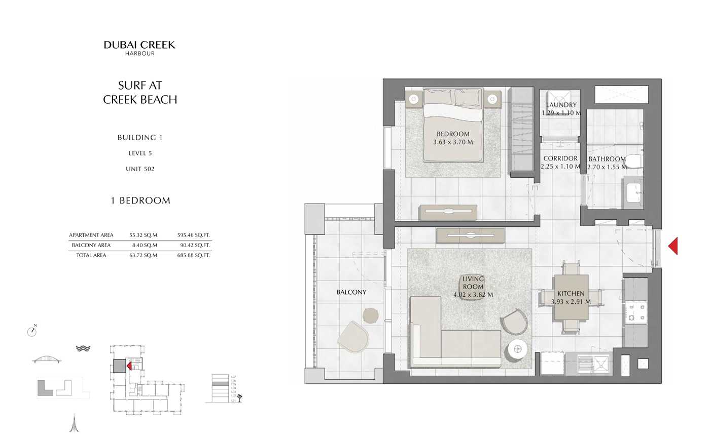 Building 1, 1 Bedroom, Level 5, Size 685 Sq Ft
